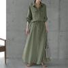 Women's Spring/Autumn Turn-Down Collar Maxi Shirt Dress - Long Sleeve, Solid Color, Casual