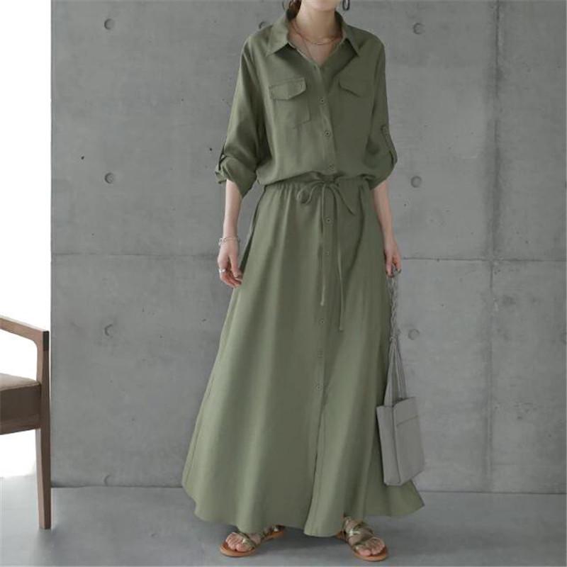 Women's Spring/Autumn Turn-Down Collar Maxi Shirt Dress - Long Sleeve, Solid Color, Casual