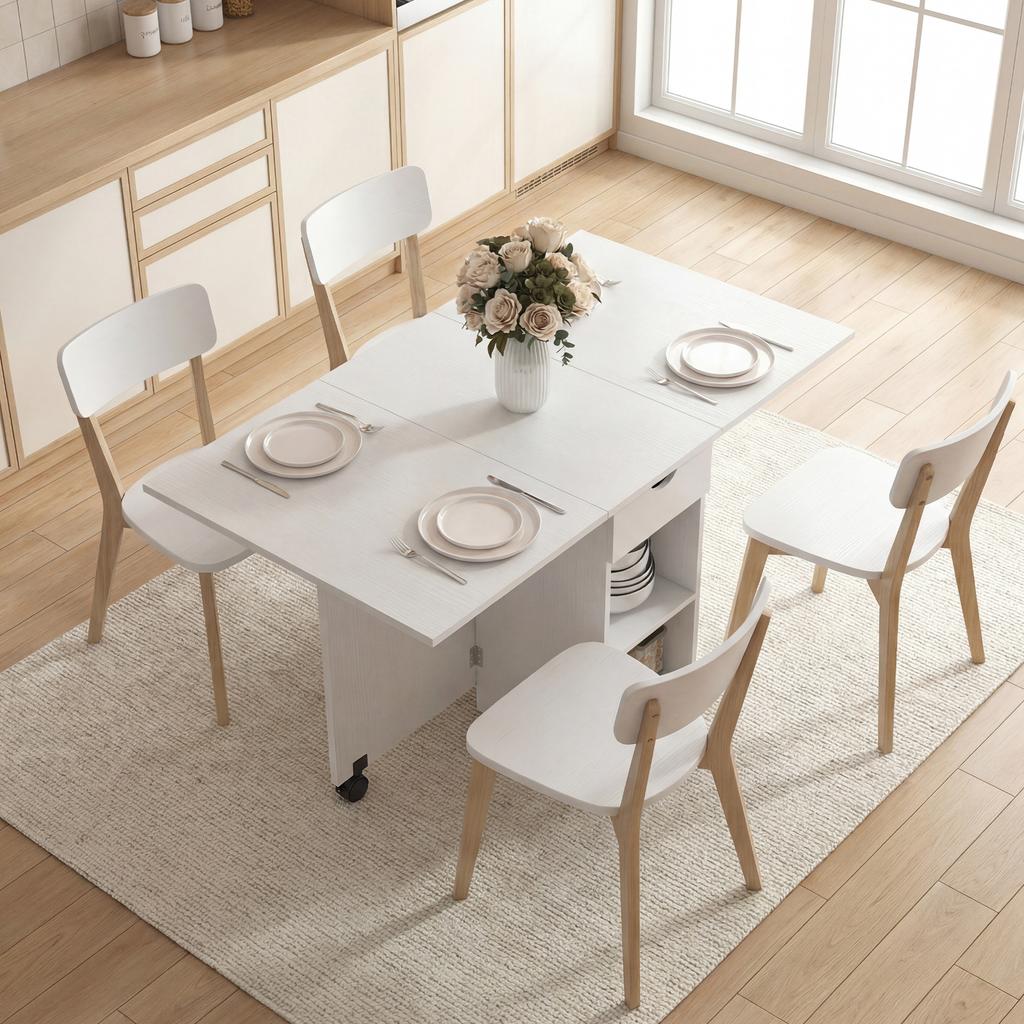 Folding Dining Table, Extendable Kitchen Table for 2 to 4 People, 2 Drop Leaves, 120 x 72 x 75 cm, White