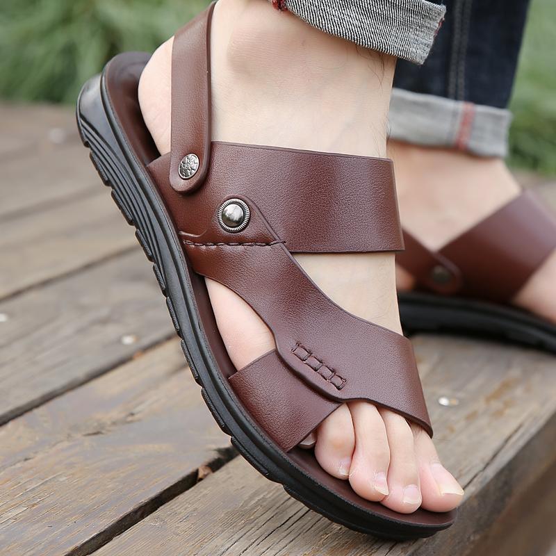 Fashion Mens Fashion Summer Shoes New Outdoor Leather Sandals Non-slip Beach Flats Dual-Purpose Male Slippers Travel Open-toe  Half Drag