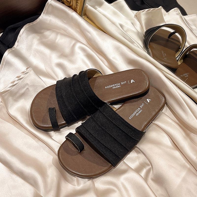 

Set of toe slippers for women s summer wear, new one-pedal cloth one-word drag flat bottom temperament versatile beach sandals 40 чёрный