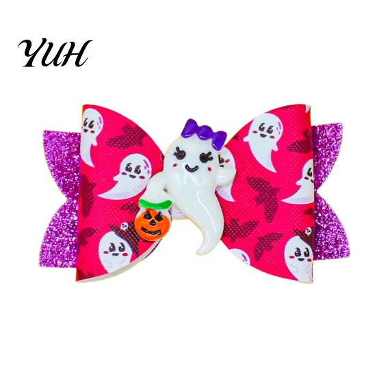 Cute Halloween Hair Accessories Glitter Bow Clips for Kids Baby Girls, Double Layer Party Dress Up Supplies Ghost/Pumpkin/Eyeball Bowtie Pins