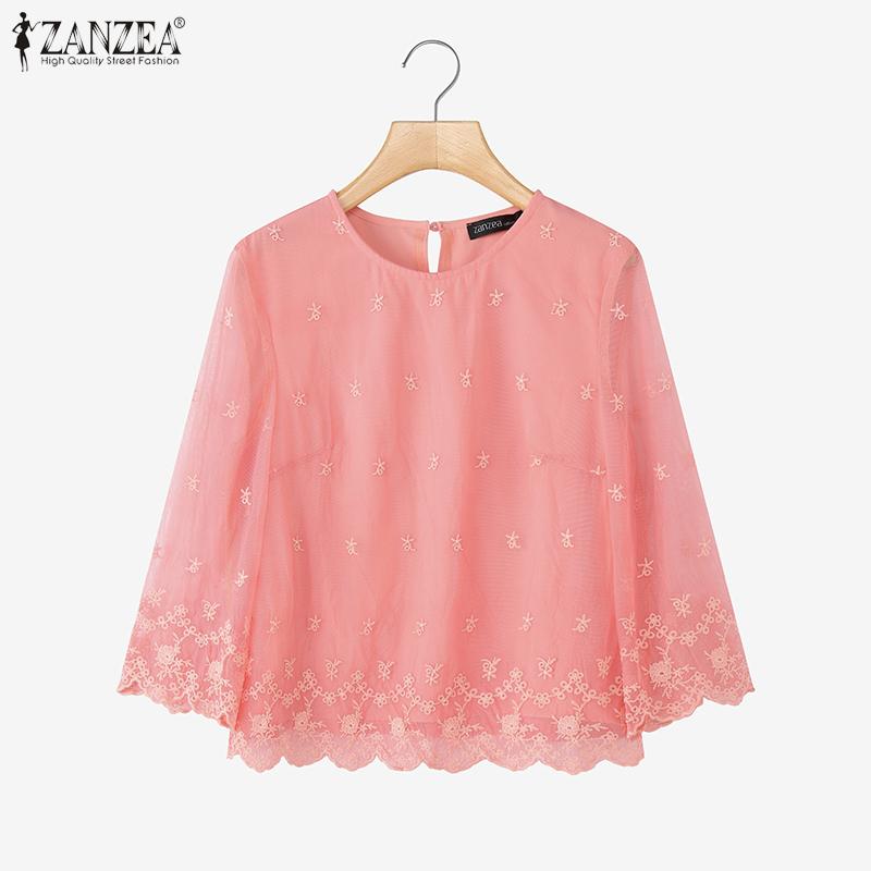 ZANZEA Womens Casual Embroidery Lace Patchwork Loose 3/4 Sleeve Blouse