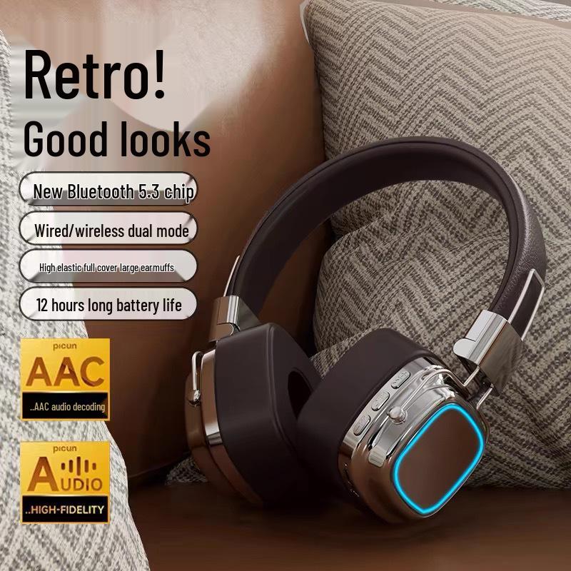 Retro Wireless Bluetooth Headband Earphones with Mini Card Slot, Heavy Bass, Noise Cancelling, and Gaming Support.