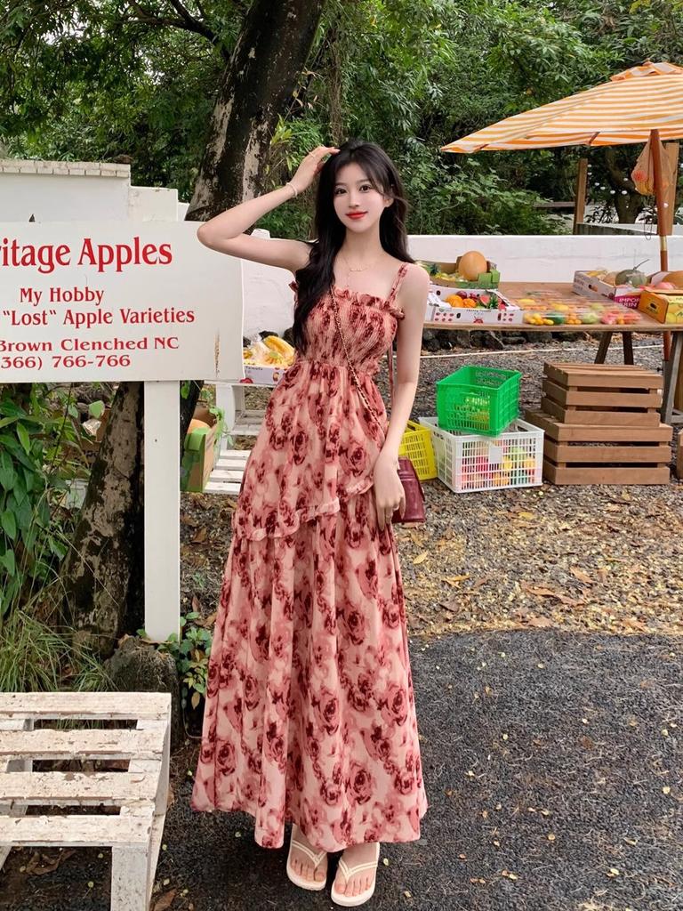 Coffee Break French Rose Floral Suspender Dress Women's Skirt Summer Small Seaside Vacation Waist Long Dress