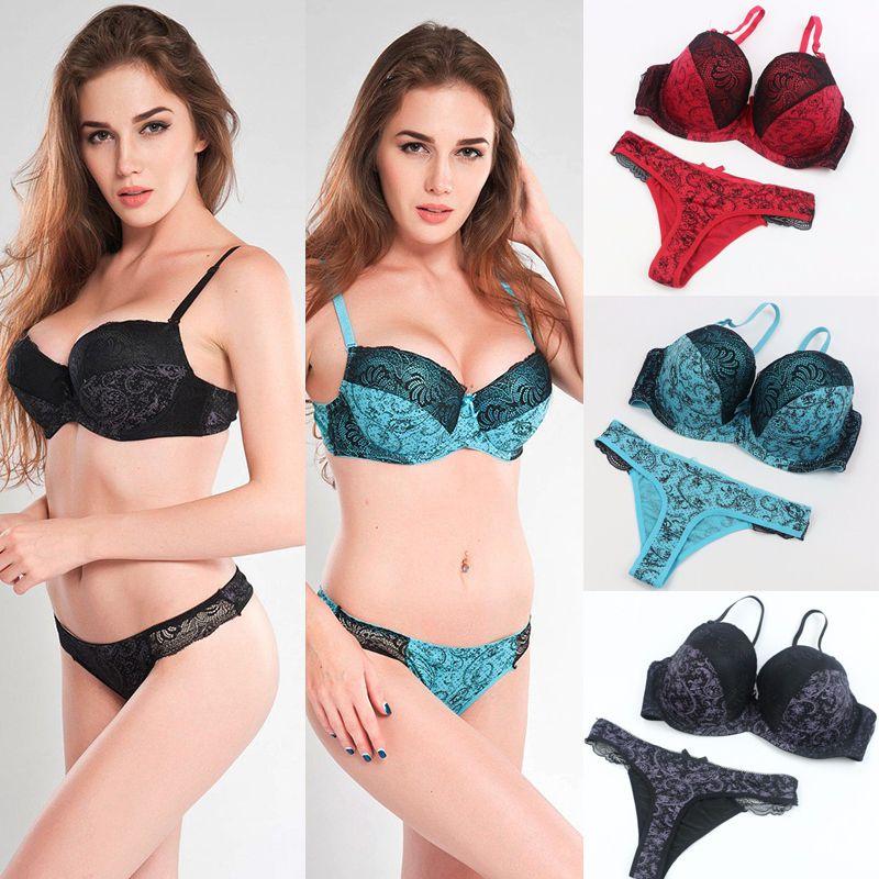 Flower Lace Womens Padded Bra Plunge Set Ladies Underwear Panties Sets Up Push