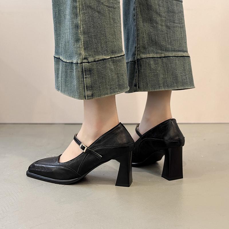 2025 Neue Frühling Französische Klobige Einzelne Schuhe Quadratische Spitze Hohe Absätze Mary Jane Damenschuhe Größe 35-42 Modeschuhe
