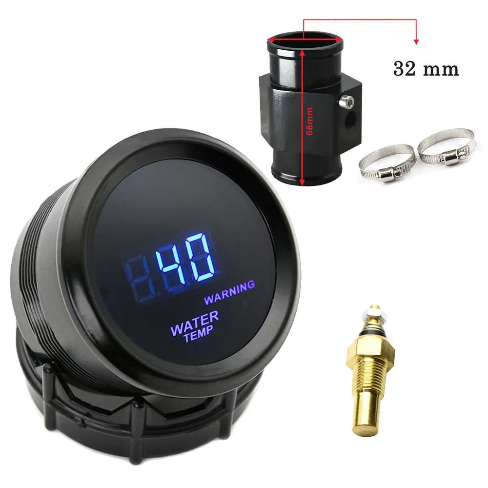52mm Wassertemperaturanzeige Blaue LED-Beleuchtung mit 16mm-40mm Anschlussrohr-Adapter Schwarz/Blau mit Wassertemperatur 1/8NPT Sensor