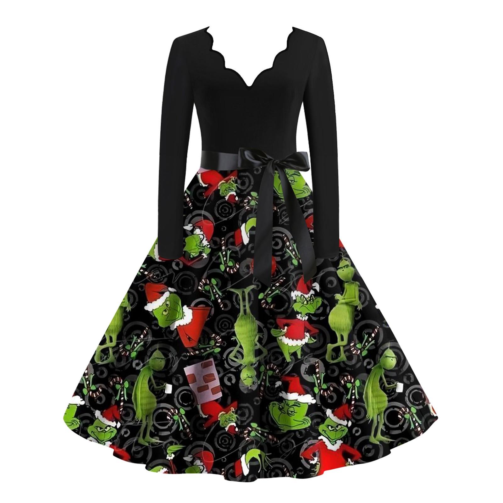 

Женские рождественские повседневные модные винтажные платья с v-образным вырезом и длинными рукавами с принтом XL