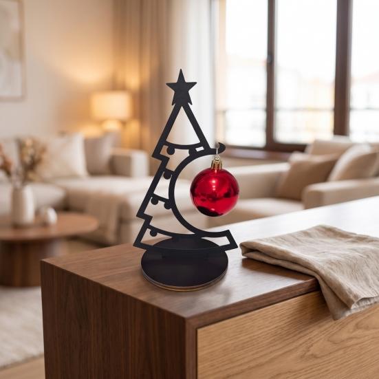 Holiday Atmosphere Ornament Christmas Tree Table Decoration, Metal Line Art Sculpture with Festive Figurine for Workstation Red Ball Xmas Party Desk,
