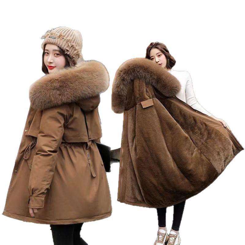 Womens Mid-Length Parka Winter Hooded Puffer Coat With Fur Trim Slim Fit Warm Outerwear
