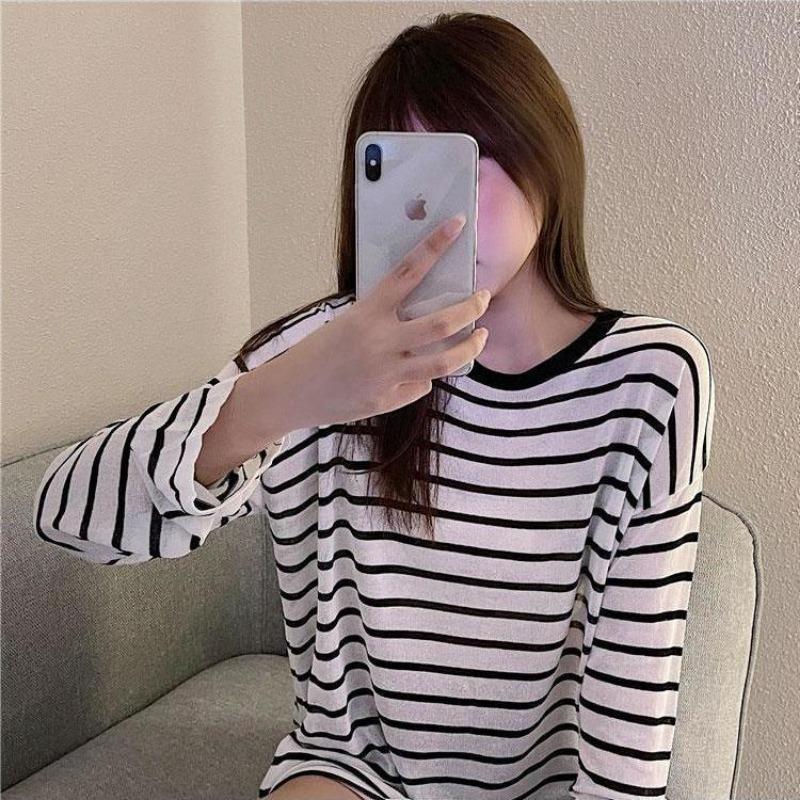 Sun Protection Clothes for Girls New Style Loose Summer Thin Anti-UV Ice Silk Striped Long-sleeved T-shirt Trendy