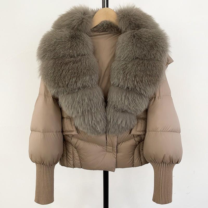 Womens Short Puffer Coat With Real Fox Fur Collar Winter Warm Down Jacket Loose Fit Small Stature