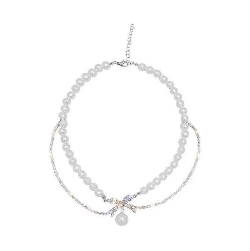 Belated romance~ flash diamond bow pearl necklace female design sense cold wind choker neck chain collarbone chain