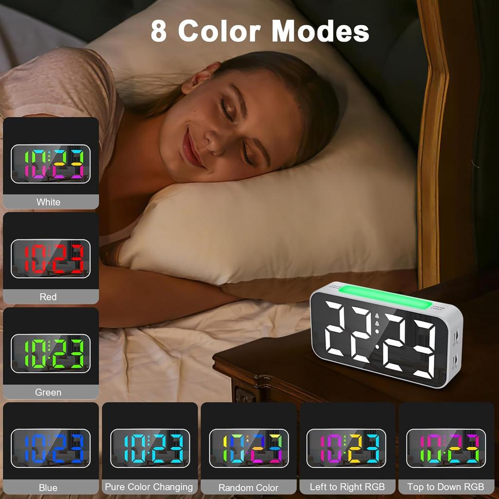 Digital väckarklocka Sängklocka Färgstark RGB LED-display Klocka med dubbla alarm Snooze-timer, USB-port