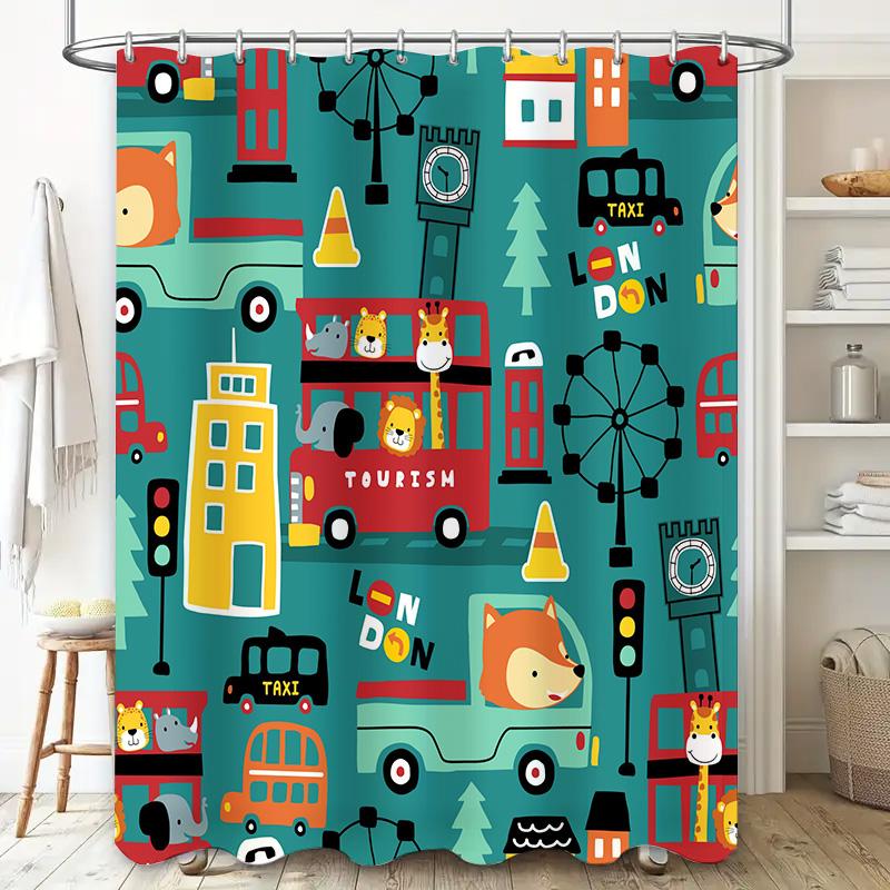 City Life Adventure Shower Curtain Cute Animal Design for Kids Bath Decor London Iconic Landmarks Bright Green Blue Yellow Red 3