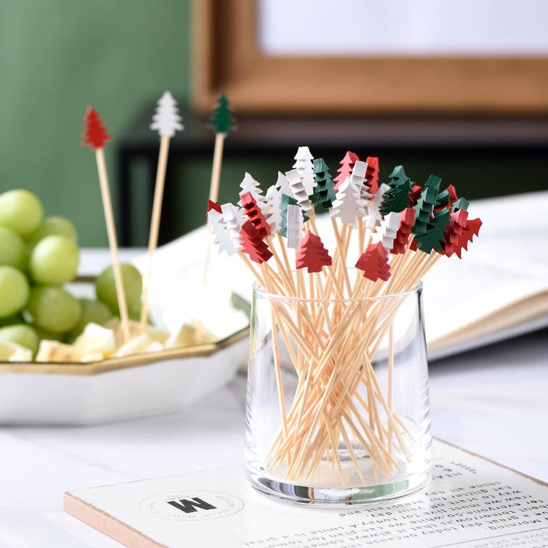 Christmas Disposable Bamboo Fruit Sticks Snowflake Christmas Tree Elk Santa Claus Fruit Sticks  Christmas Decorations