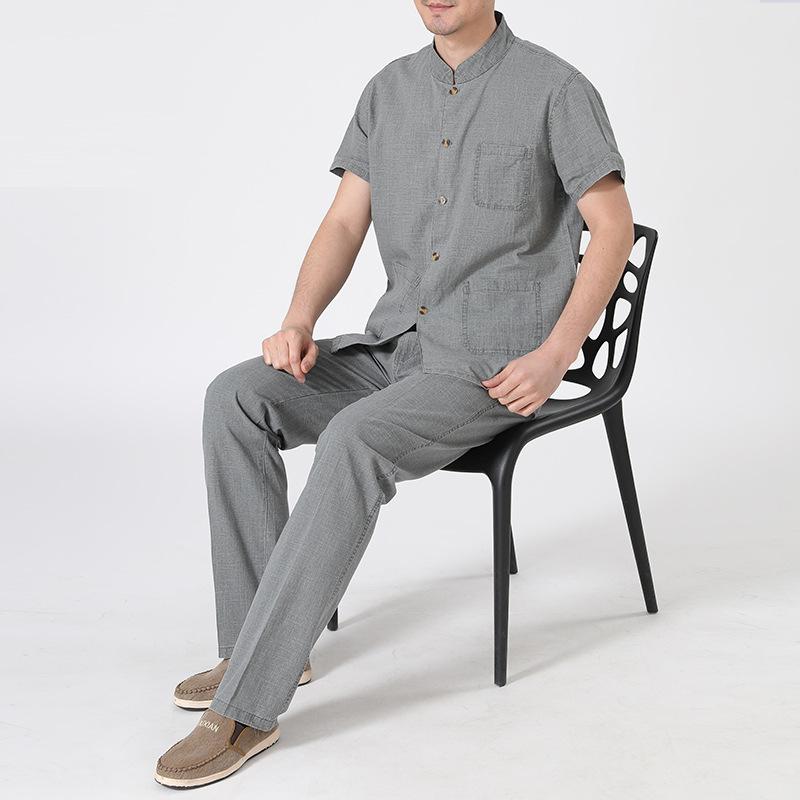 

Костюм мужской летний китайский стиль Тан костюм тонкий короткий рукав свободная одежда Ханьфу 5XL темно серый