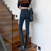 Jean Skinny Stretch Velours Bleu-Gris Taille Haute pour Femmes - Collection Automne/Hiver 2022 Coupe Amincissante Moulante Style Polyvalent