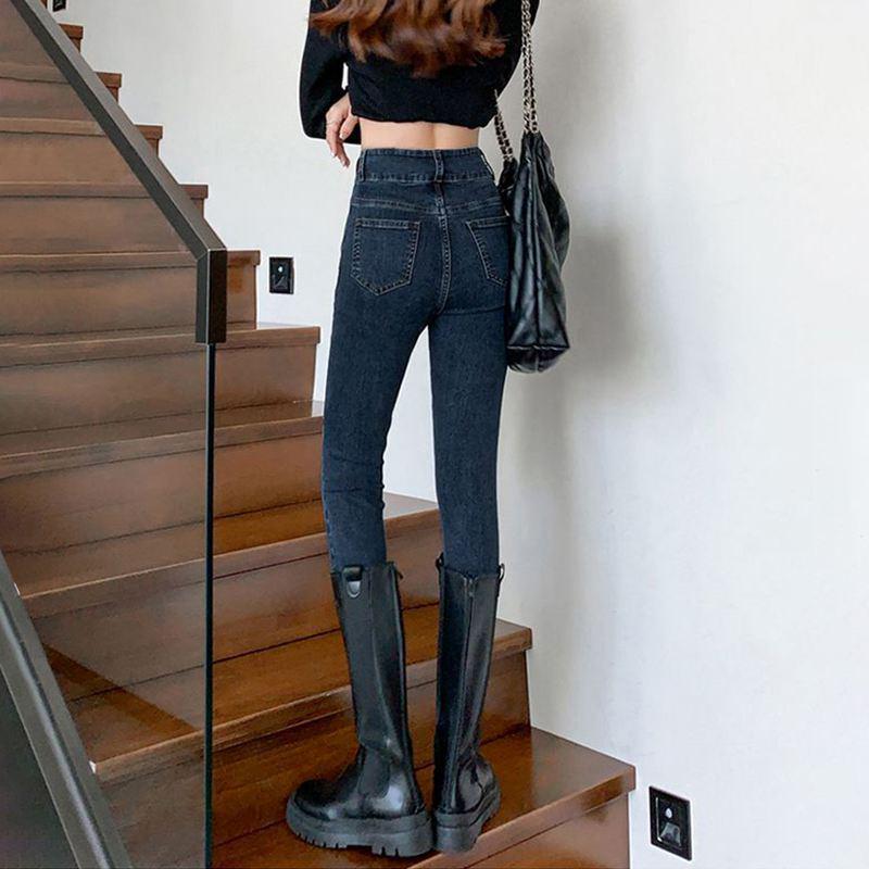 Jean Skinny Stretch Velours Bleu-Gris Taille Haute pour Femmes - Collection Automne/Hiver 2022 Coupe Amincissante Moulante Style Polyvalent