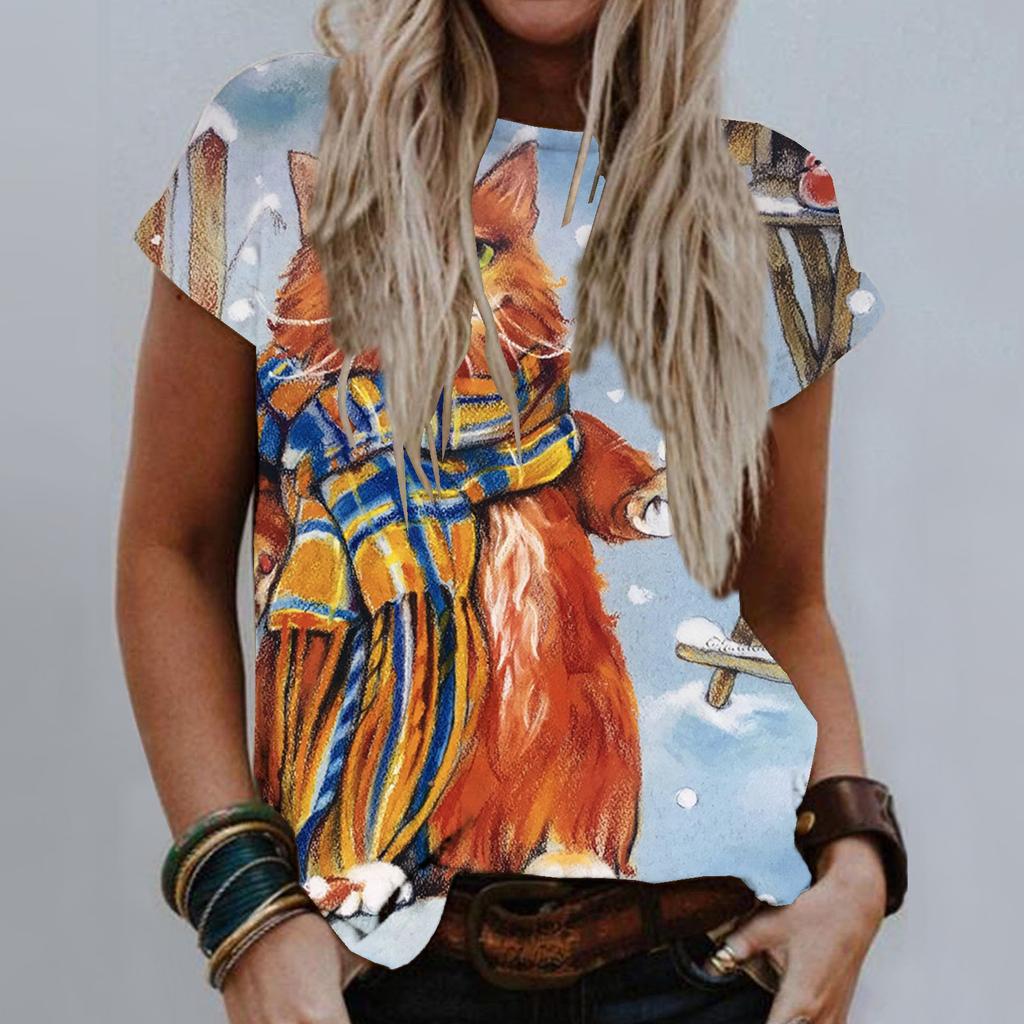 Sommer Rund Hals 3D Kattetrykk Topp Moteabel Casual Kort Ermet Dame T-skjorter