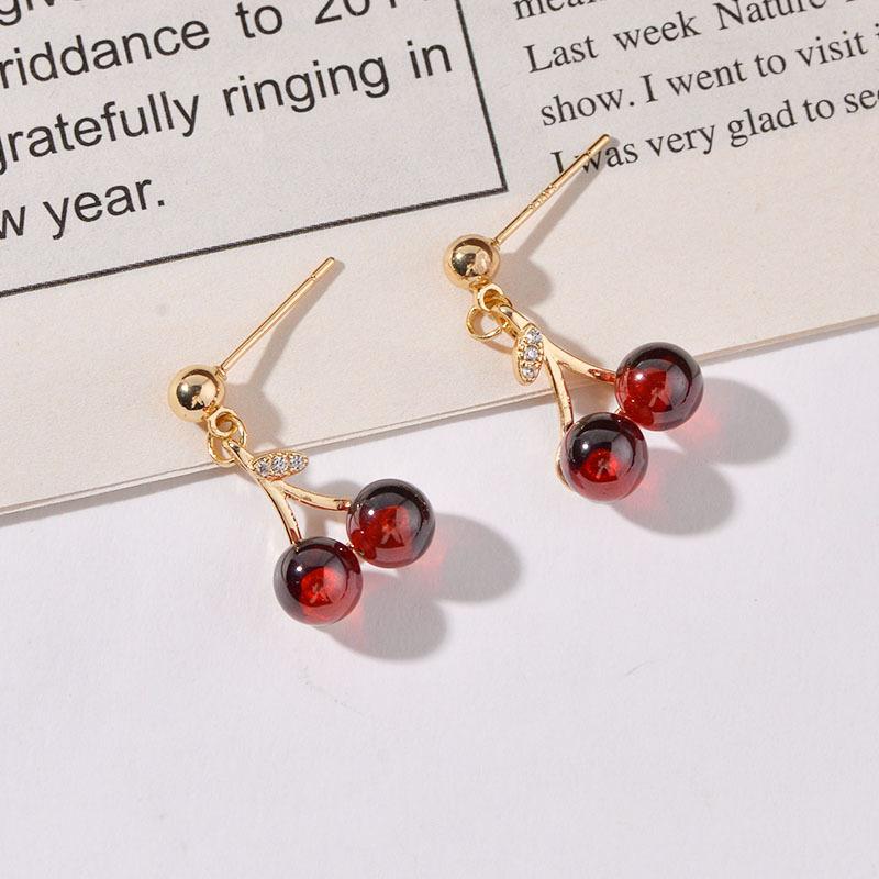 Ladies' Golden Cherry Earrings, Embellished with Red Beads, Simple Style Sweet and Fresh Design, Cute Cherry Shaped Accessories.