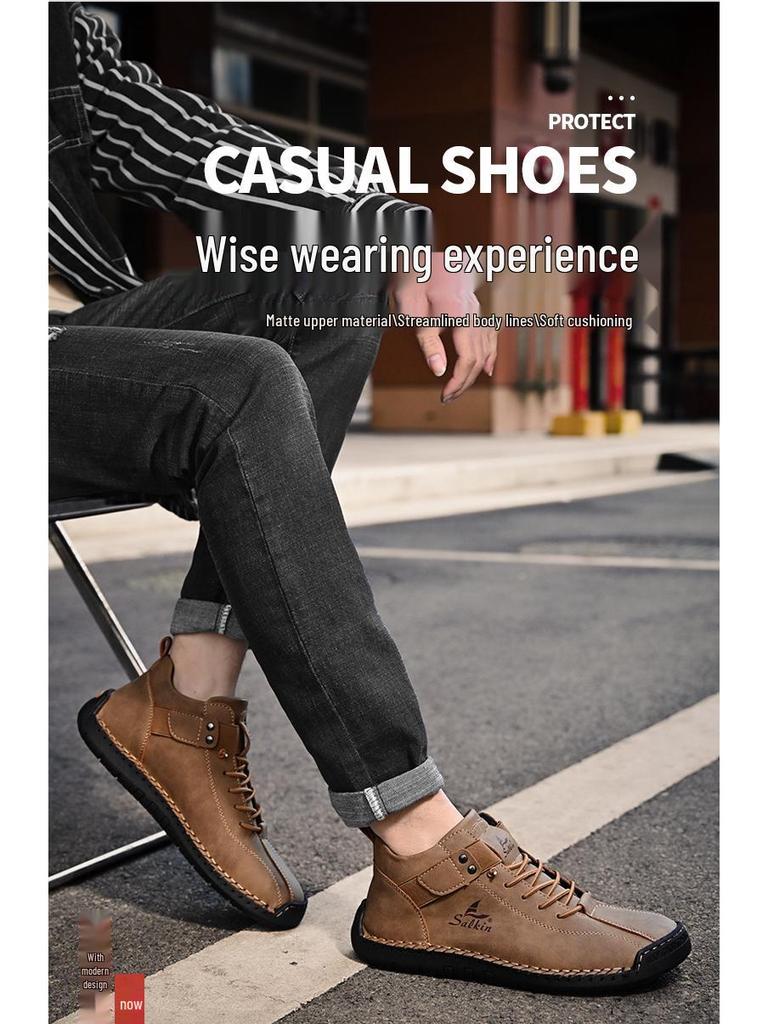 Pánské velké kožené nazouvací řidičské boty, ručně šité ležérní mokasíny s plochou podrážkou