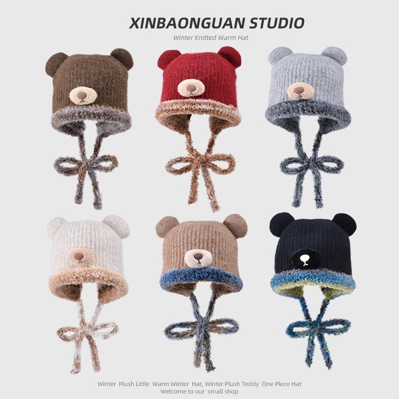 Cute bear plush hat women's winter plush warm wool hat cold protection ear protection face small bag head knitted hat