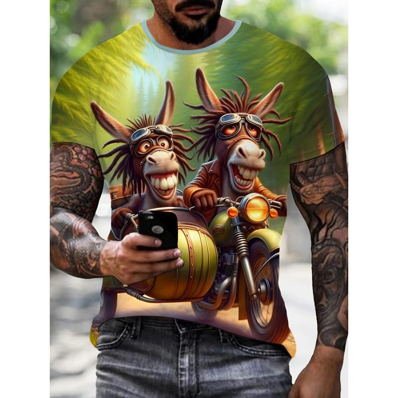 

Men s Donkey on Motorcycle Print T-Shirt - Unique Funny Short Sleeve Top, Summer Casual Street Fashion Versatile Style S