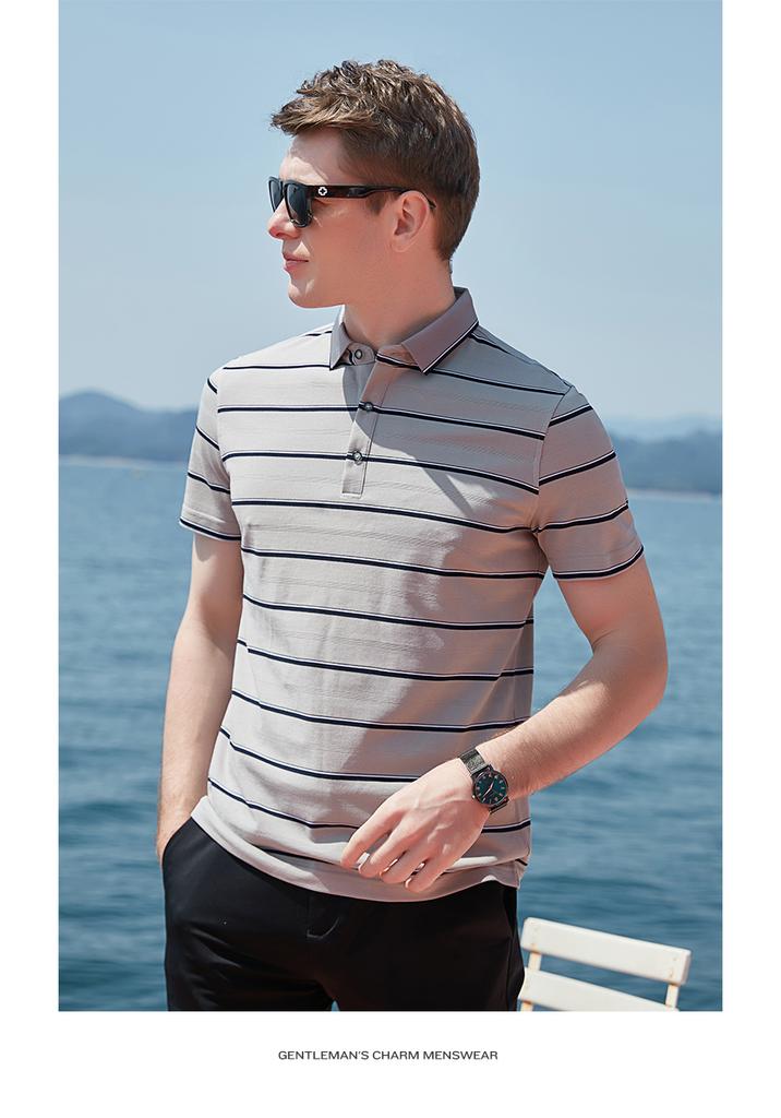 [Old Money Style Stripe] Summer New Mulberry Silk Cotton Blended Light Luxury Men's Polo Shirt