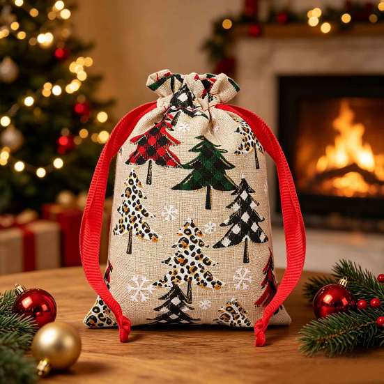 Gift Wrapping Supplies Christmas Tree Print Drawstring Bags, Faux Linen Xmas Treat Bag, Reusable Holiday Bags Candy & Apple Storage Pouch for