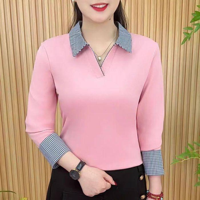 Spring Color Block Slim Fit Long Sleeve Blouse - Versatile, Age-Reducing Fashion.