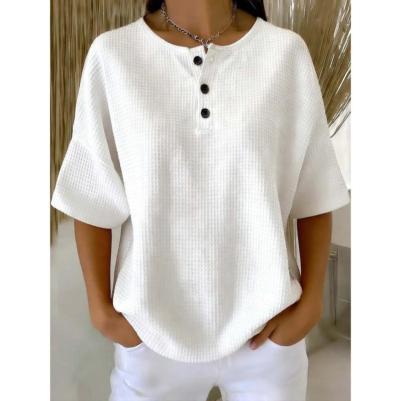 TIFICY Women's Fashion Casual Summer Spring Solid Color Print Short Sleeve O-Neck Blouses & Shirts