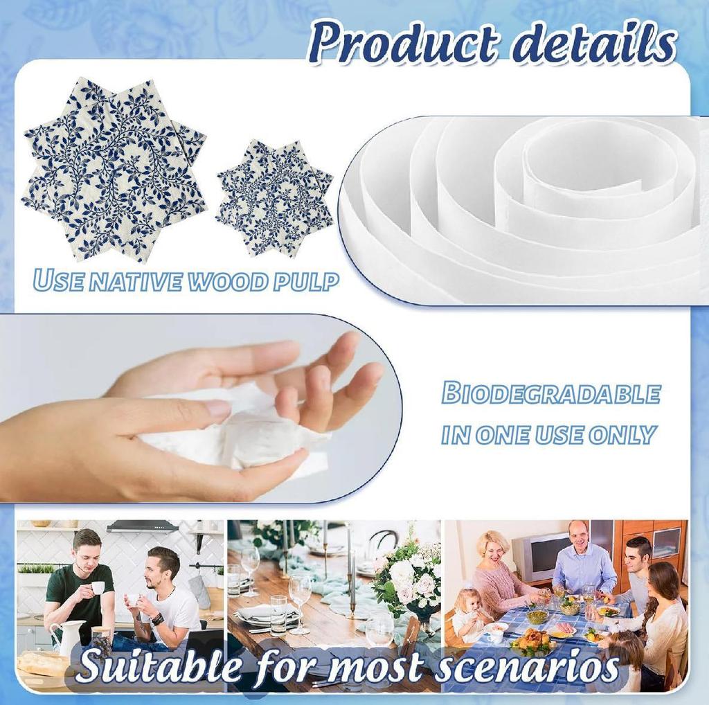 Blue Floral Tissue Colorful Printed Napkin Blue And White Porcelain Picnic Supplies Birthday Party Decoration Disposable Tissue