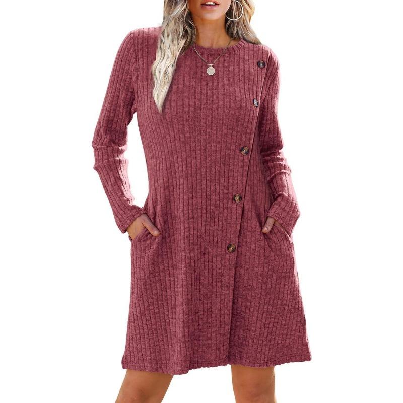 Round Neck Long-sleeve Dress with Side Button Pockets and A Cinched Waist