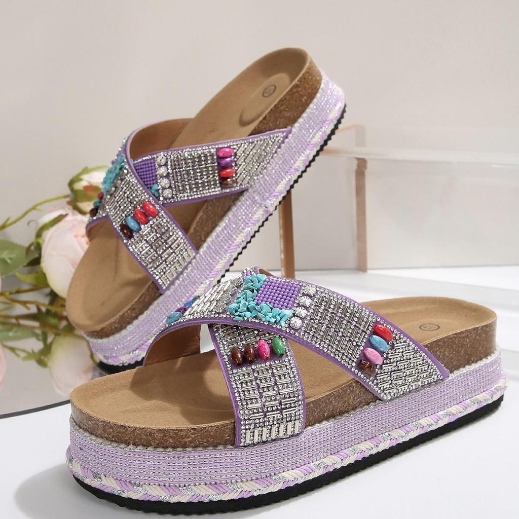 2026 Summer Plus-Size Colorful Rhinestone Wedge Flip-Flops for Women