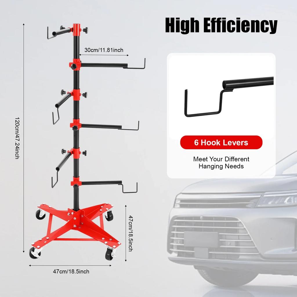 Automotive Heavy-Duty Auto Paint Stand Iron Panel Tree Paint Stand 6 Adjustable Hooks 4 Lockable Wheels for Car Panels