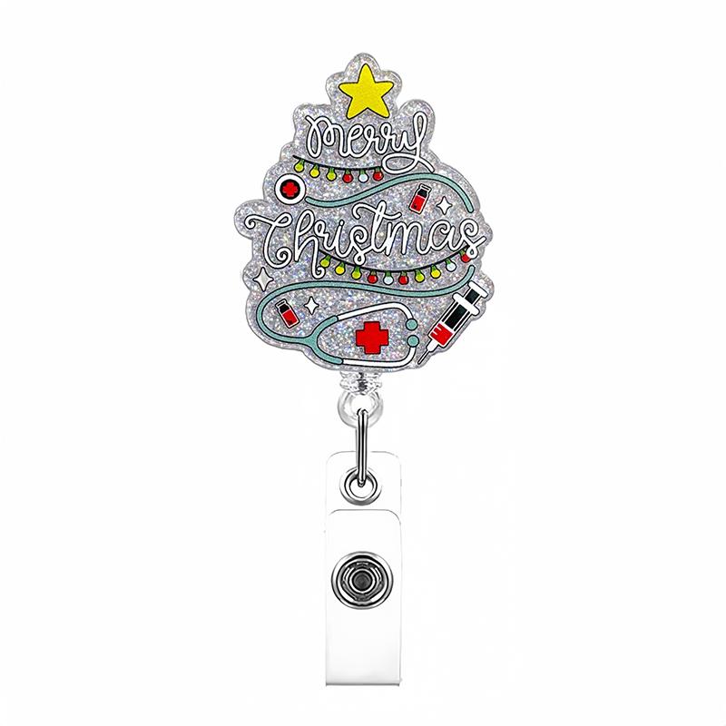 

Glitter Acrylic Christmas Tree Badge Clip Retractable Keychain With Card Holder For Party Gift