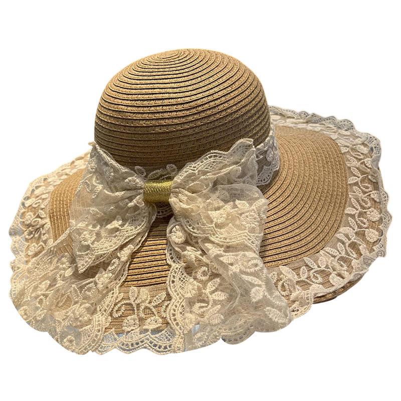 Cappello di paglia con fiocco in pizzo da donna, cappello parasole estivo per vacanze al mare, cappello parasole francese a tesa larga