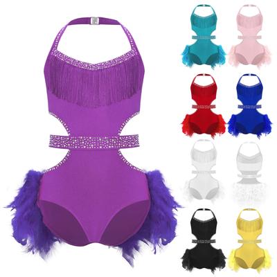 Mädchen Latein Tanzkostüm Neckholder Ärmellos Design Ausschnitt Glitzernde Strasssteine Mieder Federrock Leotard