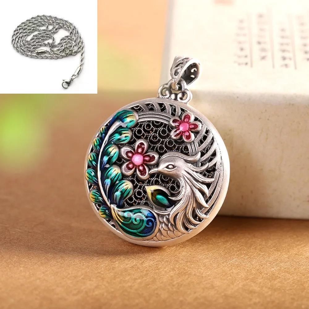 Sterling Silver Phoenix & Plum Blossom Enamel Cloisonné Long Necklace Pendant for Women
