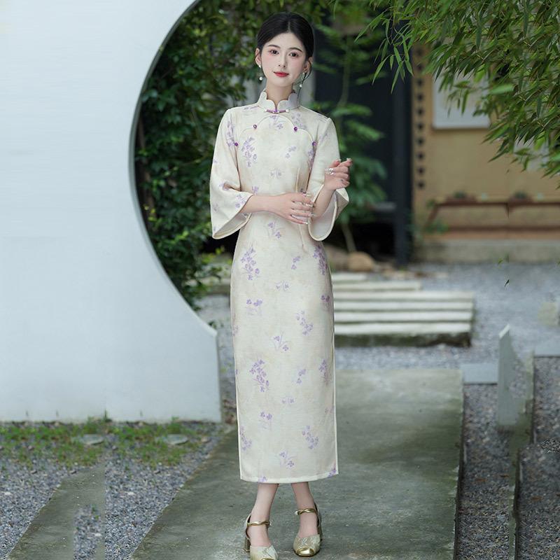 Inverted large-sleeved national style long improved autumn cheongsam medium-sleeved new young girl retro slim spring and autumn S