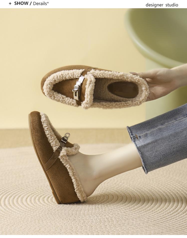 Cozy Ladylike Furry Slipper Mules with Metal Buckle & Hidden Heel - 2025 Autumn/Winter