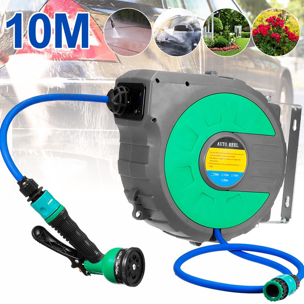 10M Spray Nozzle Automatic Reel with Sprayer Head Water Hose Reel Compact Garden Car Auto Retract 31X28cm