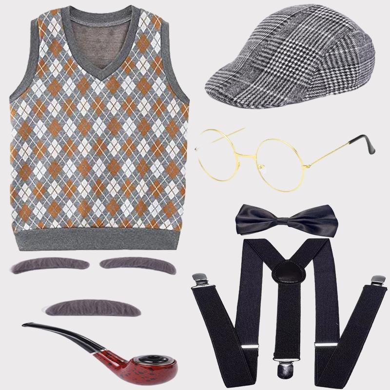 Grandfather Set Halloween Old Man Costume Set Grandpa Hat  Glasses Eyebrows Moustache for 100th Day of School