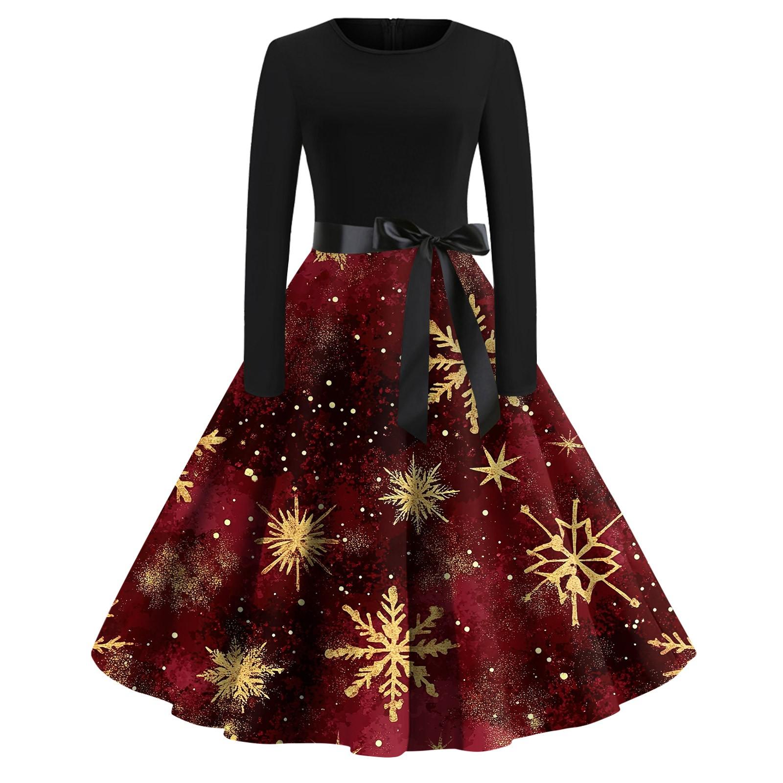 

Женское модное винтажное платье с длинным рукавом и круглым вырезом с рождественским принтом M