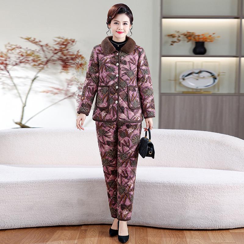 Chic Winter Cotton Outfit: Velvet-Lined Jacket & Pants Set for Middle-Aged and Elderly Women
