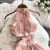 Seaside vacation style sexy backless hollow neck dress women's cross long pleated skirt