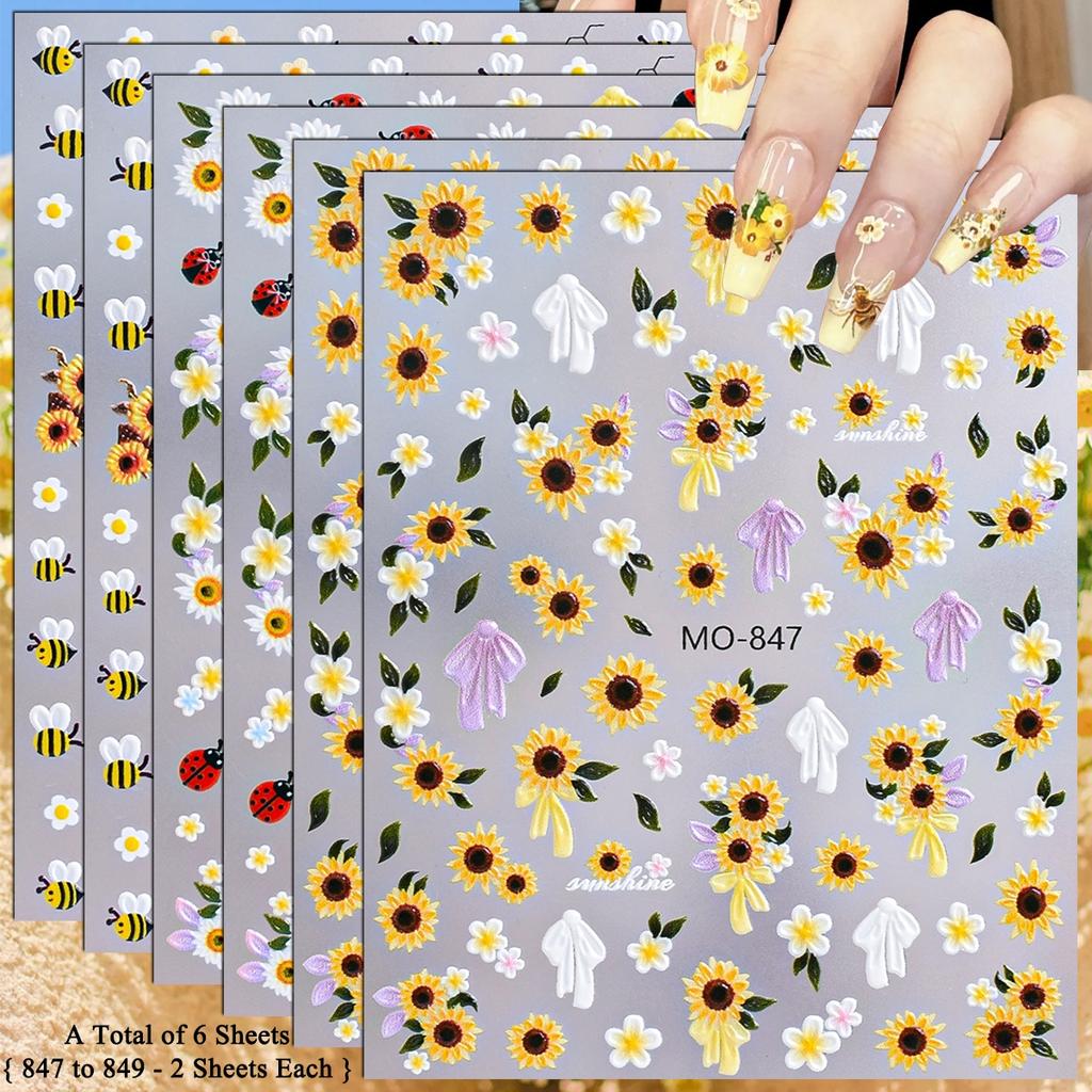 3 To 15 Sheets 5D Sunflower Daisy Nail Stickers Bee Ladybug Flower Decals Self Adhesive Spring Nail Art