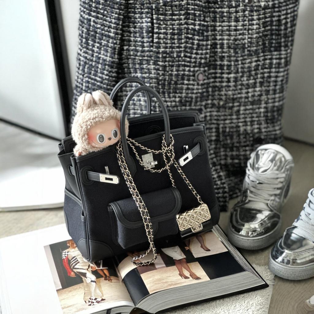 Geantă nouă de buzunar platinată, pânză împletită cu piele, geantă de damă, geantă tote mică, geantă de buzunar